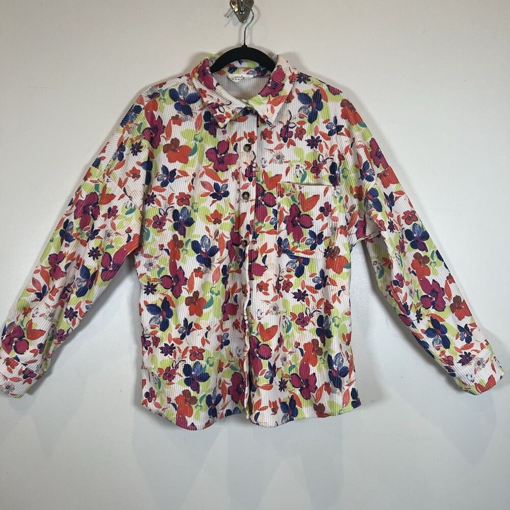 Emily Wonder Floral Corduroy Shacket Shirt Jacket Multicolor Wide Wale L
